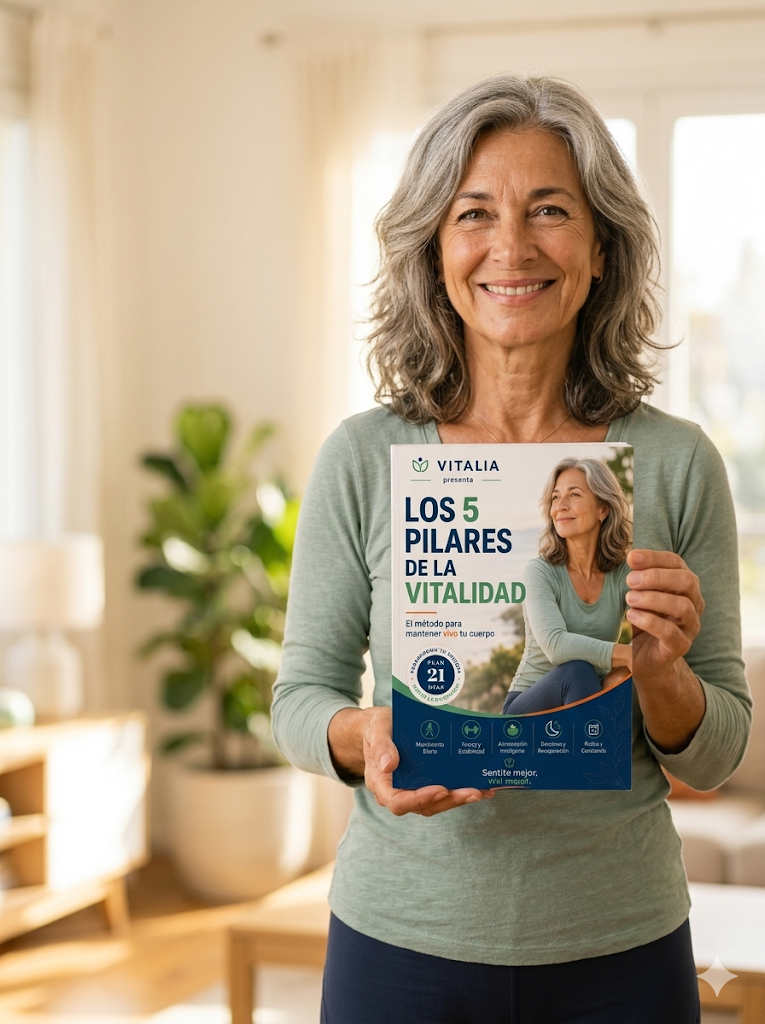 Mujer sosteniendo el libro Los 5 Pilares de la Vitalidad